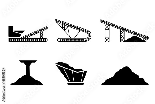 Eight Black and White Icons: Conveyor Belts, Material Handling, and Bulk Storage