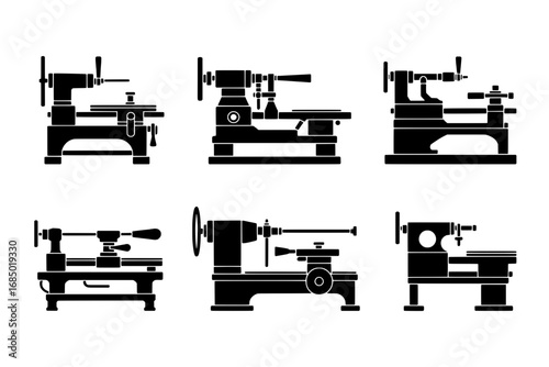 Six Black Silhouette Icons of Vintage Lathes and Milling Machines: Industrial Machinery Graphics