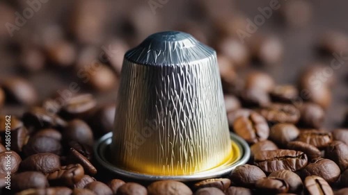 Coffee capsule on top of coffee beans.