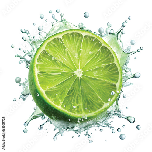 Splashing Lime Slice: A lime slice with water splash effect, isolated PNG