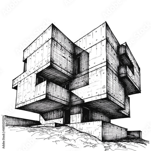 Black and white ink sketch of a modern Brutalist architectural building with interlocking cubic forms.