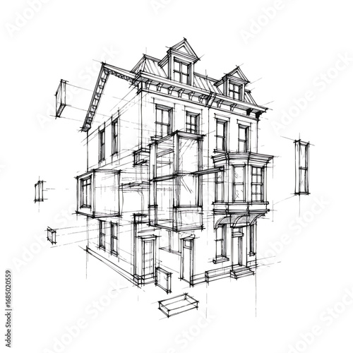 Obraz na płótnie Deconstructed architectural ink sketch of a classic townhouse with an exploded perspective view