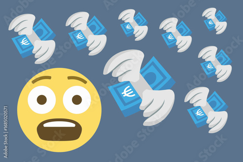 Fearful emoji face with wide eyes surrounded by flying euro banknotes, symbolizing financial anxiety, money loss, or economic insecurity.Vector illustration.