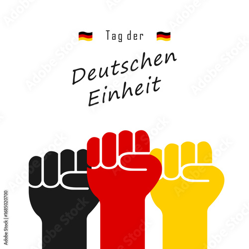 German Unity Day concept with hands up or fists up of Germany flag colors and text "Tag der Deutschen Einheit" isolated on white background. Vector template for 3 Oktober celebrating banner design.