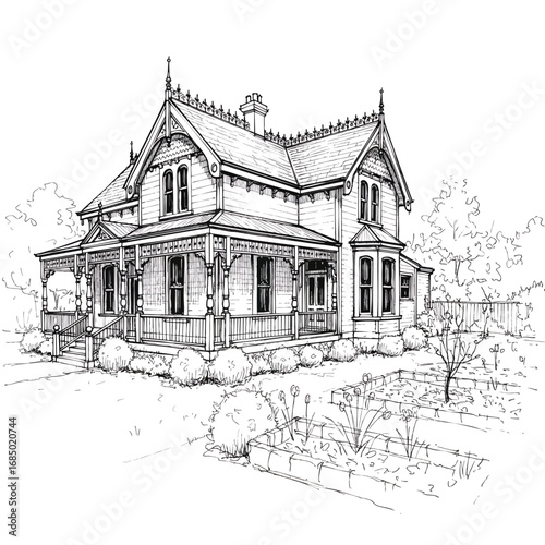Detailed black and white architectural sketch of an ornate Victorian house with a wraparound porch and gables.