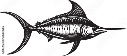 Striking Black and White Marlin Illustration Showcasing its Distinctive Features and Elegant Form for Aquatic Themes and Graphic Designs