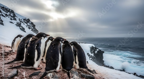 A group of penguins huddled together on a rocky shore in antarctica