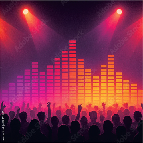 Music Concert Crowd with Neon Equalizer Lights
Vibrant music concert illustration with crowd silhouettes, neon equalizer bars, and colorful stage lights. Perfect for nightlife, party, club, and music 