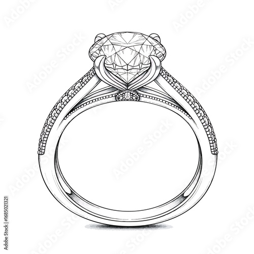 Detailed black and white sketch of a round diamond engagement ring with a split shank pav band.