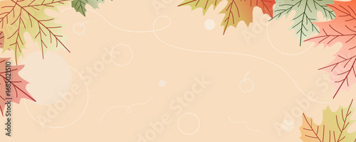 Vector - Beautiful Autumn, fall season header on pastel color. Many maple leaves, butterfly. Copy space.