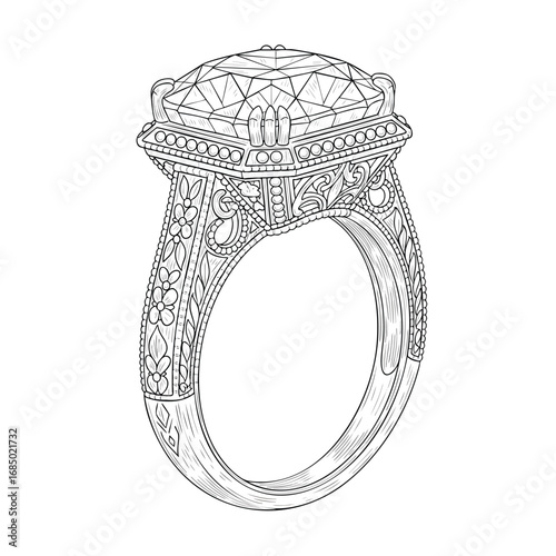 Detailed handdrawn sketch of an ornate vintagestyle diamond halo engagement ring.