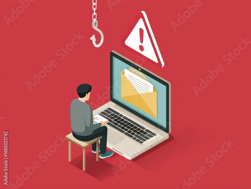 Phishing email scams and personal information theft. Hooked email icon. Warning triangle icon with exclamation mark. Man using laptop computer to open and respond to emails.