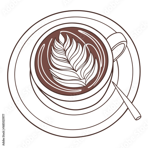 Outline Top View Coffee Cup with Latte Art Leaf Style