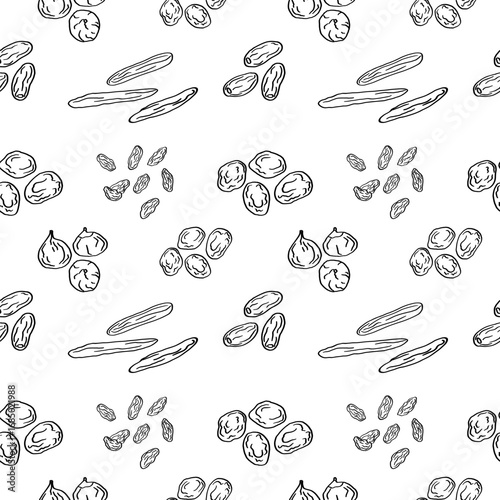 Dried fruits Seamless pattern. Repeating background with Prunes, dried apricots, dates, raisin, fig. Design for packaging, textile, print, template, card. Decorative ornament. Hand drawn vector 