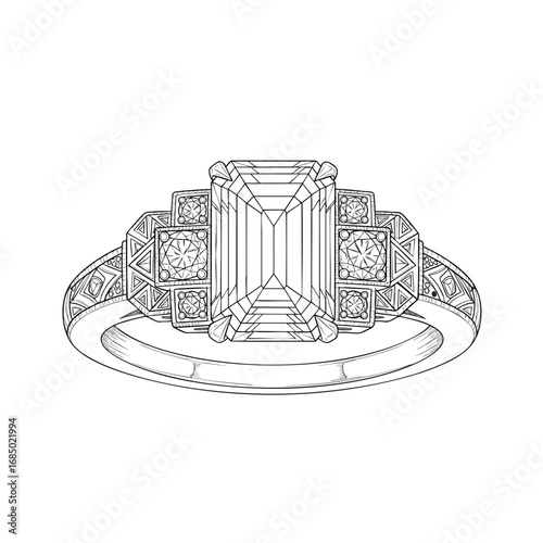 Detailed line drawing of a vintage Art Deco ring featuring an emeraldcut center stone and geometric accents.