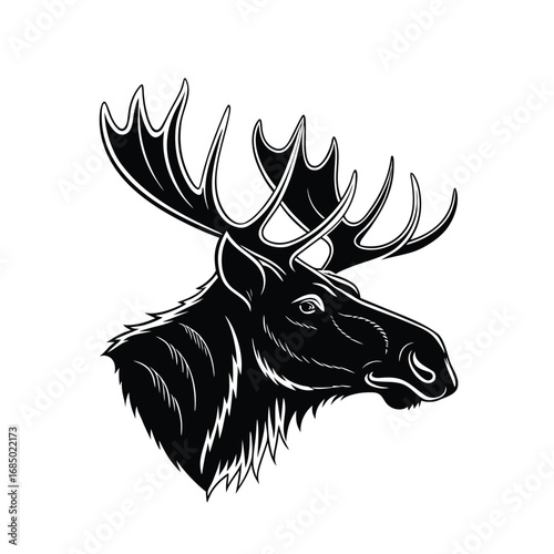 Majestic Moose Head Silhouette A striking black and white illustration of a moose's profile, showcasing its impressive antlers against a clean white background