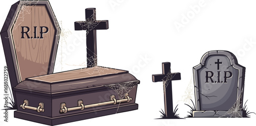Illustration of a coffin and tombstones with rip on a white background