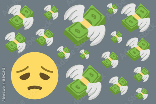 Disappointed emoji face with multiple flying dollar bills, symbolizing financial loss, overspending, or money slipping away.Vector illustration.