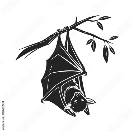 Striking nocturnal creature silhouette a bat hanging upside down from a tree branch, showcasing its distinctive form in a stark black and white graphic illustration
