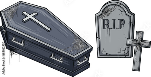 Vintage Coffin and Gravestone – Spooky Cemetery Vector