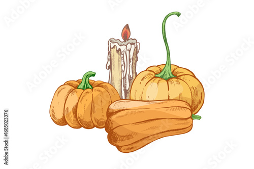 Hand drawn vintage sketch of autumn pumpkins with long stems and burning wax candle in rustic seasonal colors