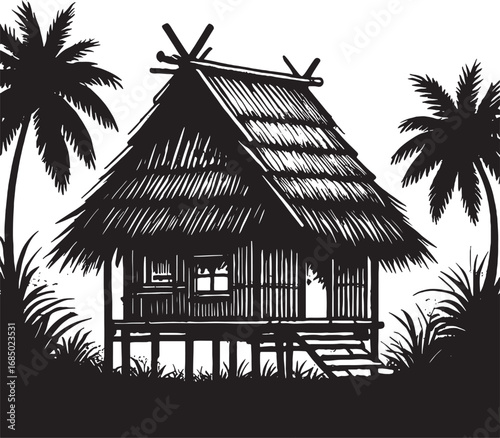 Tropical Hut Amidst Palm Trees Black and White Silhouette Artistic Rendition of a Traditional Dwelling