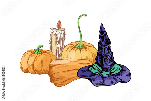 Hand drawn vintage sketch of halloween witch hat with pumpkins and burning candle in rustic seasonal autumn colors