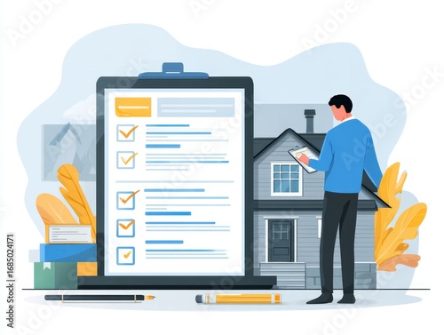 Real estate management concept, User navigating a digital home listings platform in a contemporary workspace, leveraging tools for real estate management, checklist planning, and property evaluations.