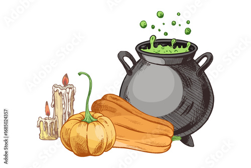 Hand drawn vintage sketch of halloween cauldron with bubbling potion, pumpkins and burning wax candles in rustic seasonal style