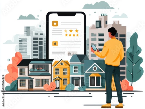 Real estate rating concept showing a user evaluating properties through a mobile app, highlighting housing investment, customer feedback, satisfaction, market analytics, and digital property reviews