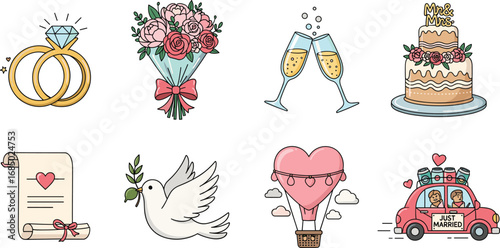 Wedding celebration icons with rings, bouquet, cake, champagne, love letter, dove, hot air balloon, just married car vector set