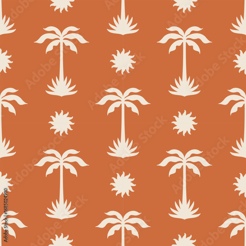 Summer boho seamless pattern with palm trees and sun. Background design. Repeating print for fabric