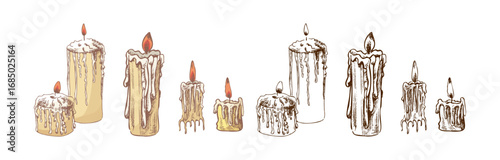 Hand drawn vintage sketch set of burning wax candles with dripping drops in color and monochrome versions for halloween