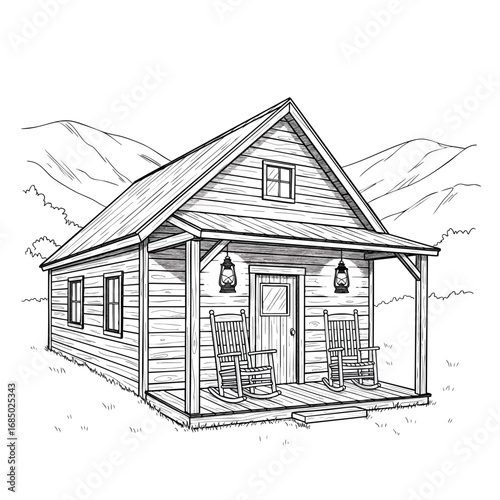 Rustic wooden cabin with a front porch and rocking chairs a handdrawn line art illustration.