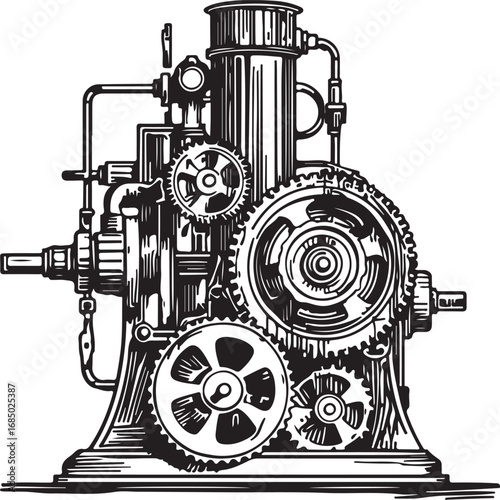 Vintage Mechanical Engine with Gears and Pistons Intricate Black and White Illustration Detailed Steam Powered Machine Drawing Industrial Revolution Era Technology