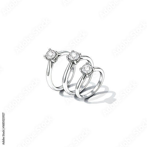 Three elegant solitaire diamond engagement rings in white gold or platinum arranged by size.