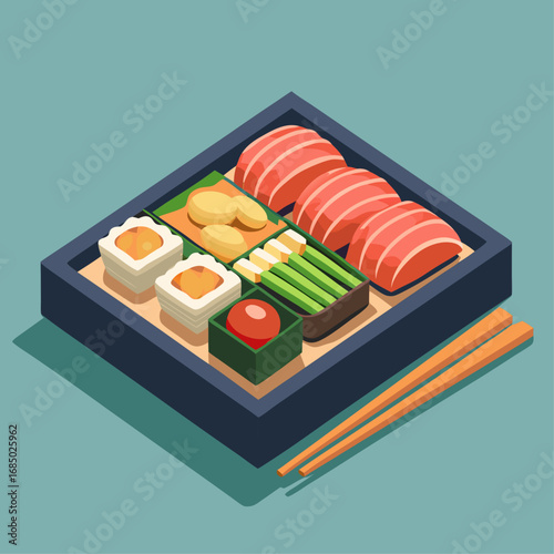 A box of assorted sushi and sashimi with chopsticks. The box is blue and has a green lid