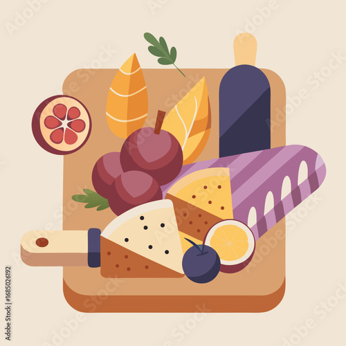A colorful assortment of food items including cheese, fruit, and crackers. Concept of abundance and variety, inviting the viewer to indulge in the delicious spread