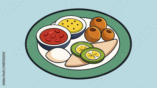 A plate of food with a green plate and a blue background. The plate has a variety of food items such as a sandwich, a bowl of beans, and a bowl of salad