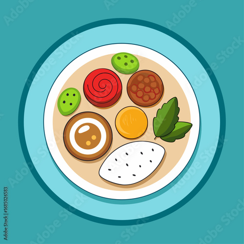 A plate of food with a green plate and a blue background. The plate has a variety of food items such as a sandwich, a bowl of beans, and a bowl of salad