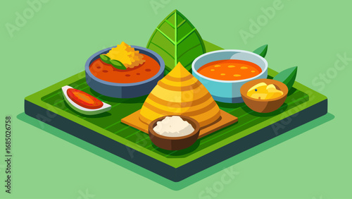 A tray of food with a variety of condiments and sauces. The tray is on a green background