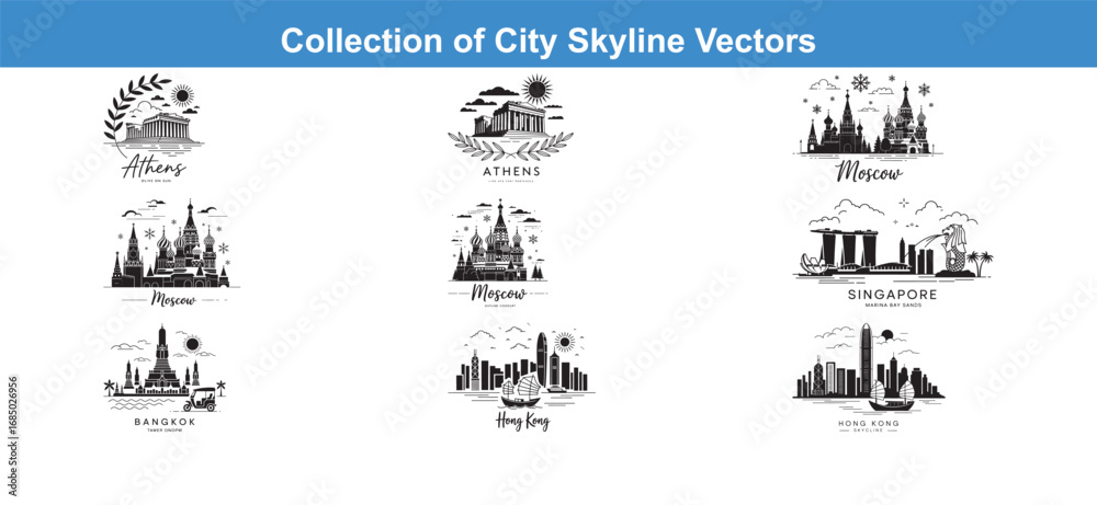 Fototapeta premium City Skyline Vectors Featuring Athens, Moscow, Bangkok, Singapore and Hong Kong Landmarks and Urban Landscapes with Recognizable Monuments and Designs