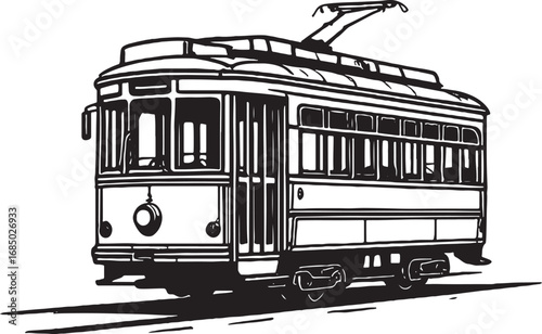 Vintage Streetcar Vector Illustration Classic Trolley Design Public Transportation Icon Black and White Line Art Old Fashioned Tram Vehicle Retro Transit System Image