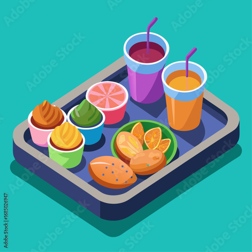 A tray of food and drinks with a blue background. The tray has a variety of food items such as donuts, cupcakes, and fruit. There are also two cups of coffee and a straw