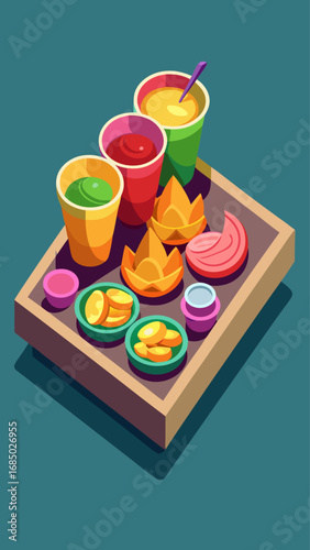 A tray of food and drinks with a blue background. The tray has a variety of food items such as donuts, cupcakes, and fruit. There are also two cups of coffee and a straw