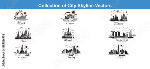 City Skyline Vectors Featuring Athens, Moscow, Bangkok, Singapore and Hong Kong Landmarks and Urban Landscapes with Recognizable Monuments and Designs