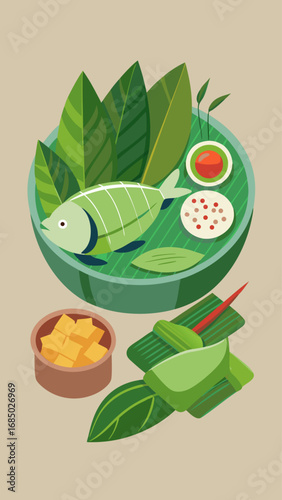 A plate of food with a fish, a bowl of soup, and a bowl of sauce. The plate is round and has a green leaf on it