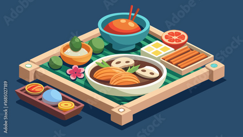 A blue background with a table full of food. The table has a variety of food items such as sushi, fruit, and vegetables. There are also bowls and cups on the table. Scene is that of a casual