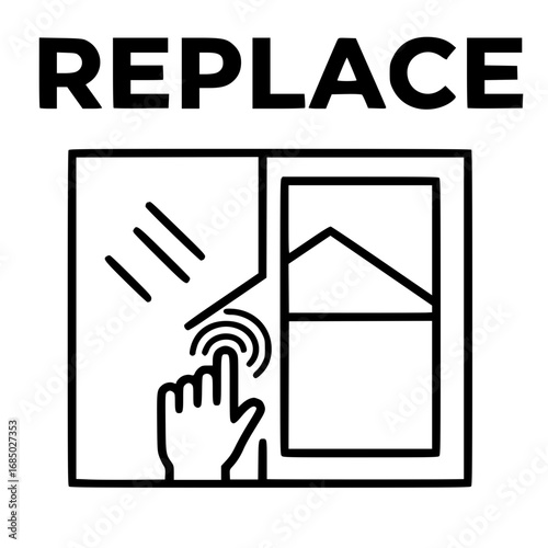 Vector image of a window replacement order: The hand clicks on the window symbol of the house under the inscription "replace"