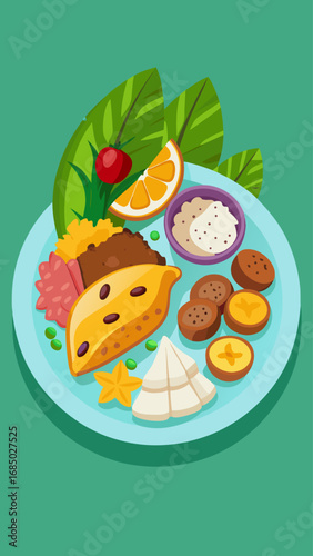 A plate of food with rice, meat, and vegetables. The plate is white and the food is colorful